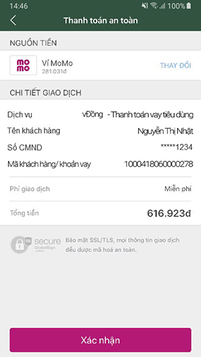 Xác nhận chuyển tiền qua MoMo